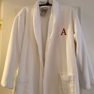 Pottery barn white bath robe with red “A”- no belt